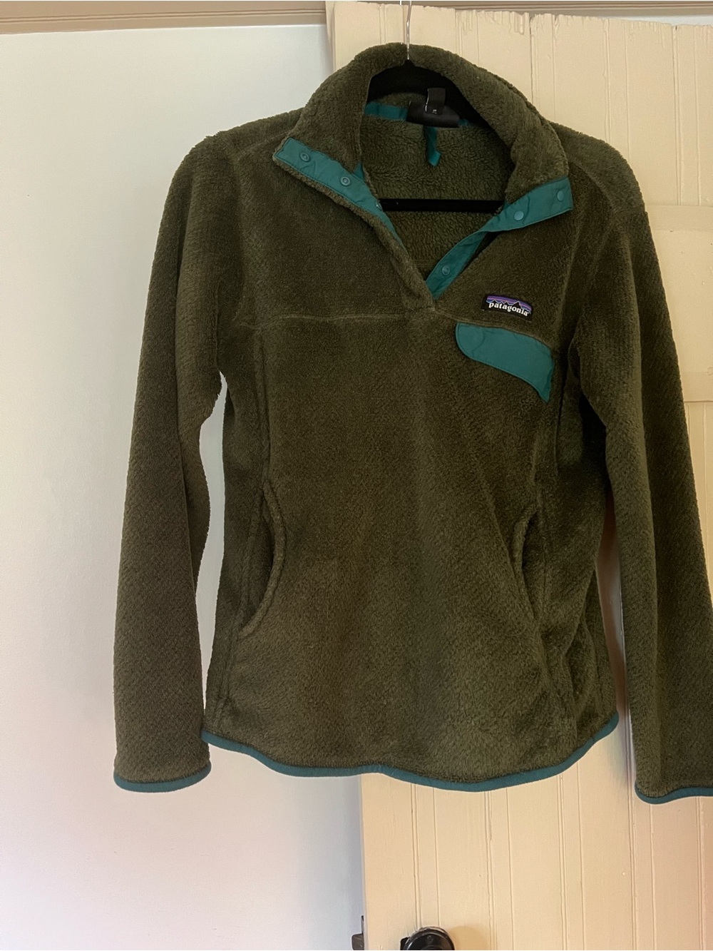 Patagonia Olive Green Fleece Pullover with Teal Accents